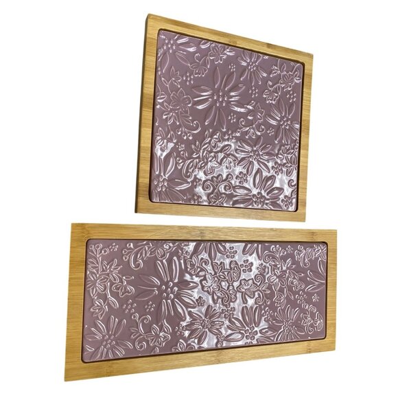 Temp-Tations by Tera Bamboo Serving Tray Set Floral Ceramic Insets - Picture 1 of 8